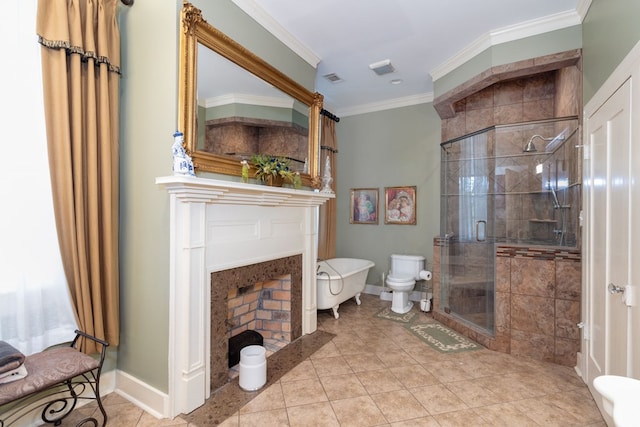 bathroom featuring tile patterned floors, crown molding, an enclosed shower, and toilet