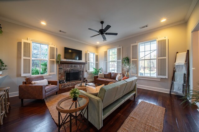 dining room featuring a notable chandelier, crown molding, dark wood-type flooring, and a wealth of natural light