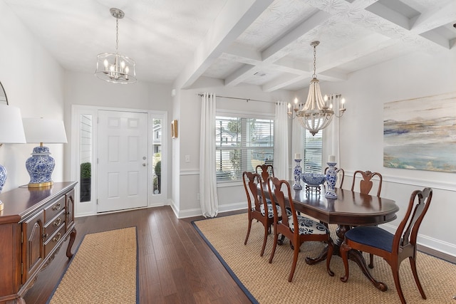 dining room featuring dark wood-style flooring, coffered ceiling, baseboards, beamed ceiling, and an inviting chandelier