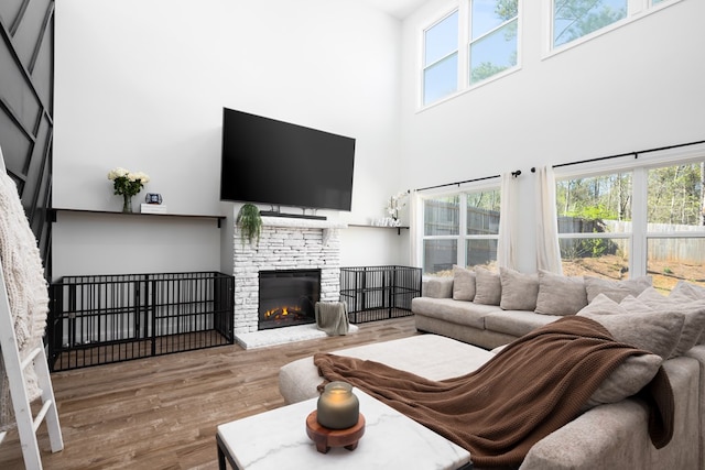 living room with wood finished floors, a high ceiling, and a stone fireplace