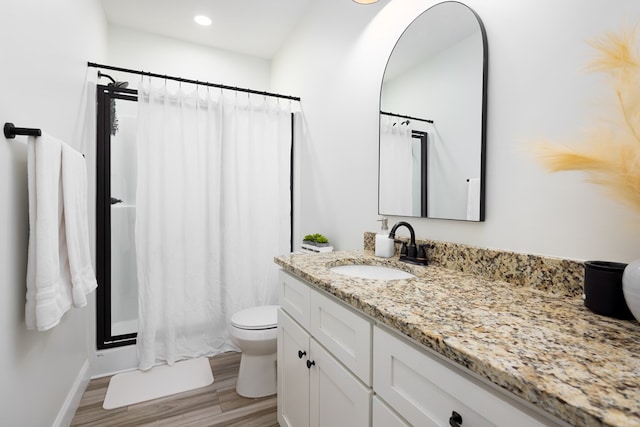 full bathroom with wood finished floors, vanity, baseboards, toilet, and a shower with shower curtain