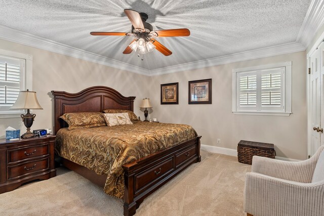 3406 Seminole Dr, Columbus, GA 31907 - bedroom with light carpet, crown molding, ceiling fan, and a textured ceiling
