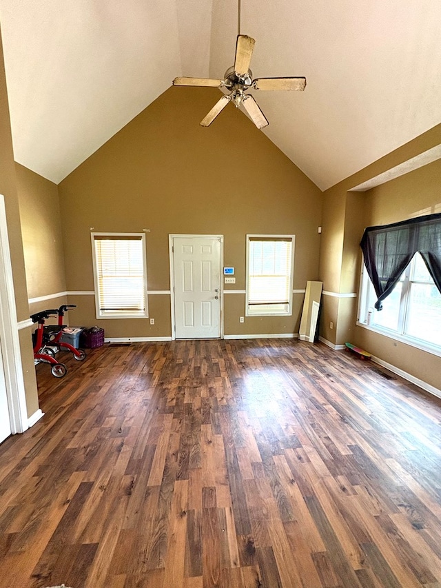102 Parker St, Lagrange, GA 30240 - unfurnished living room with ceiling fan, high vaulted ceiling, and wood finished floors
