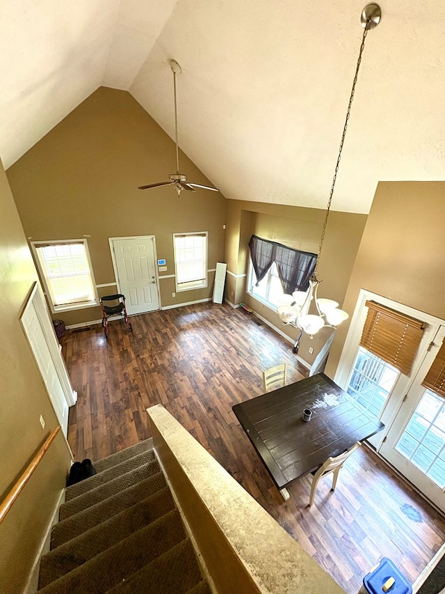 102 Parker St, Lagrange, GA 30240 - stairs featuring high vaulted ceiling, wood finished floors, ceiling fan, and healthy amount of natural light