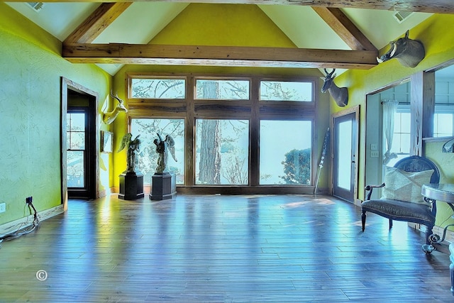 interior space featuring beamed ceiling, a healthy amount of sunlight, and hardwood / wood-style flooring