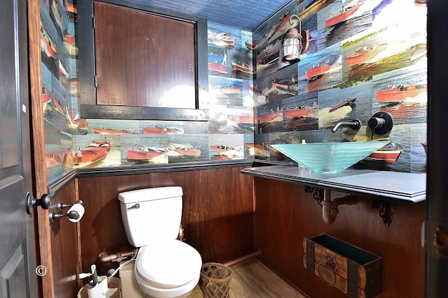 bathroom with hardwood / wood-style flooring, sink, and toilet