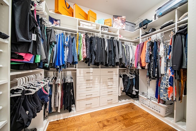 walk in closet with wood finished floors