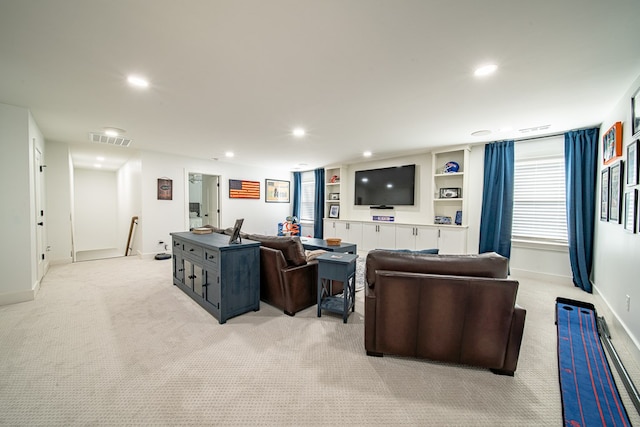 living room with baseboards, light colored carpet, visible vents, and recessed lighting