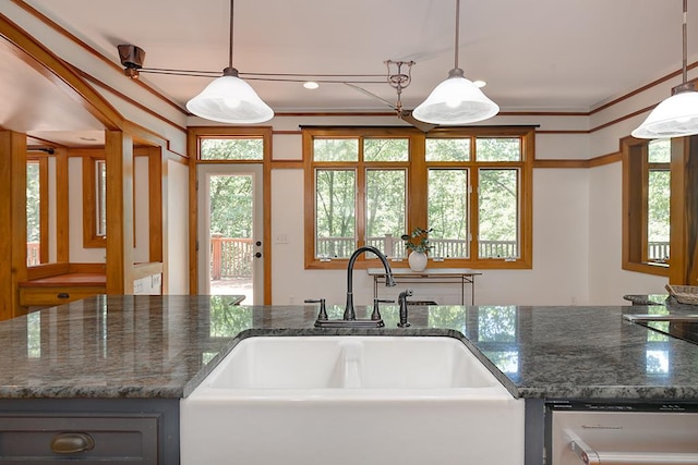 9250-11 River Rd, Fortson, GA 31808 - kitchen featuring dishwasher, dark stone countertops, healthy amount of natural light, crown molding, and pendant lighting