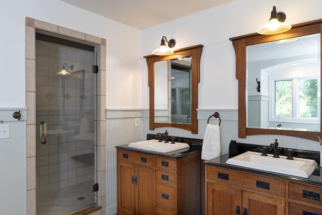9250-11 River Rd, Fortson, GA 31808 - full bath featuring a shower stall, two vanities, and a wainscoted wall