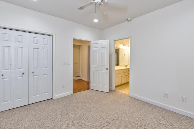 9250-11 River Rd, Fortson, GA 31808 - unfurnished bedroom featuring light colored carpet, a closet, recessed lighting, a ceiling fan, and ensuite bathroom