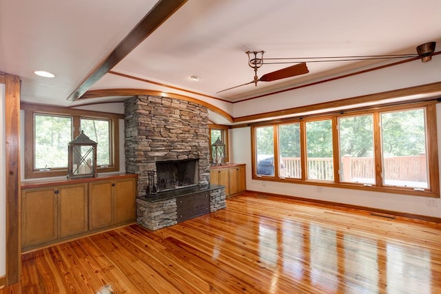 9250-11 River Rd, Fortson, GA 31808 - unfurnished living room featuring light wood finished floors, a fireplace, ceiling fan, crown molding, and recessed lighting