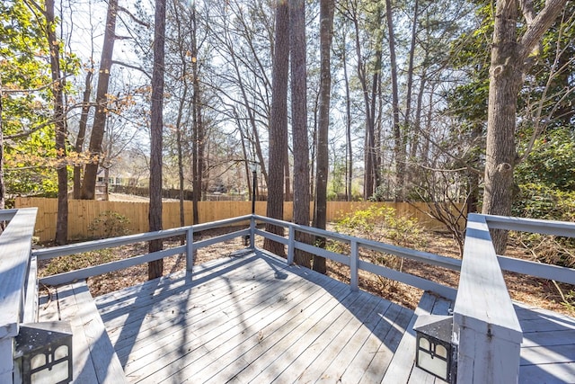 wooden terrace with a fenced backyard