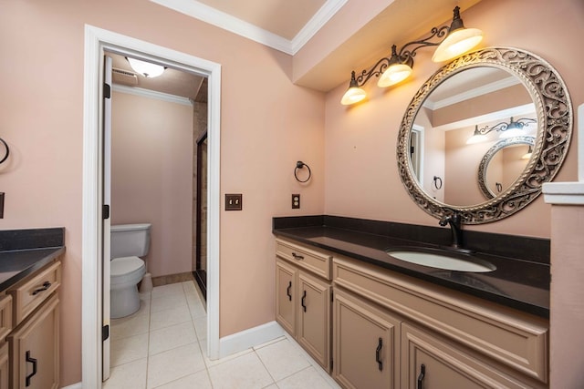 full bath with baseboards, toilet, ornamental molding, tile patterned flooring, and vanity