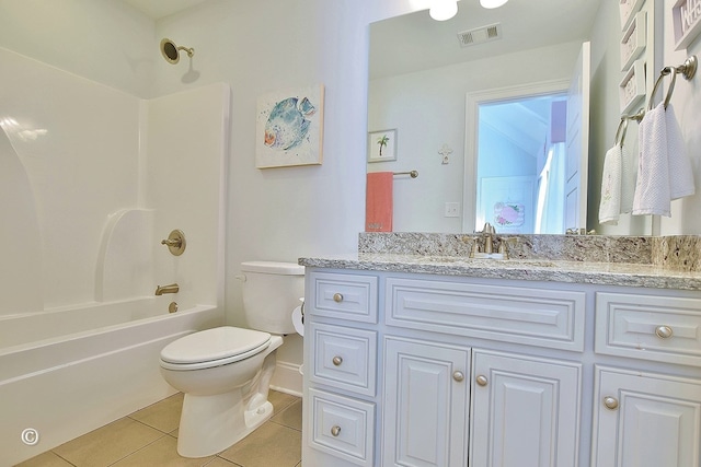 bathroom featuring visible vents, toilet, tile patterned floors,  shower combination, and vanity