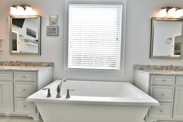 full bathroom with a freestanding tub, two vanities, and a sink