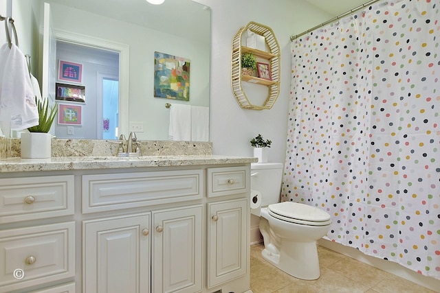 full bathroom with toilet, tile patterned flooring, a shower with shower curtain, and vanity