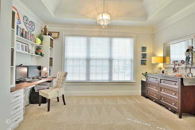 office with a tray ceiling, plenty of natural light, and light colored carpet