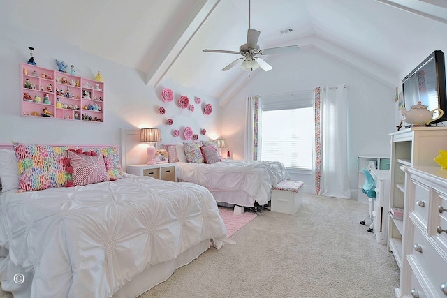 bedroom featuring lofted ceiling, ceiling fan, light carpet, and visible vents