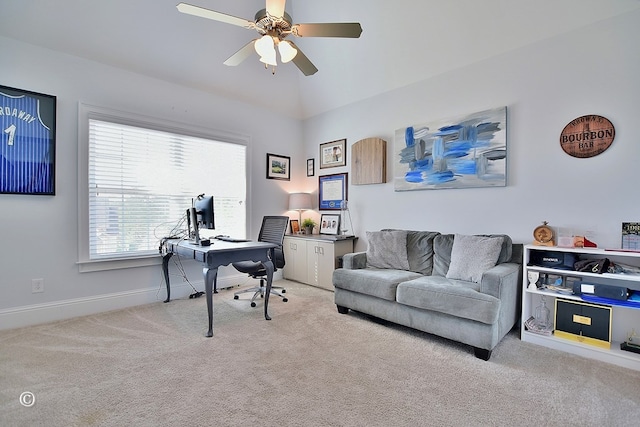 office with light carpet, ceiling fan, lofted ceiling, and baseboards