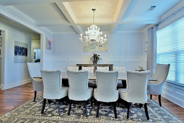 dining room featuring a chandelier, dark wood-style flooring, visible vents, beam ceiling, and wallpapered walls