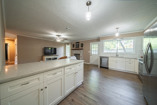 6801 Buckeye Way, Columbus, GA 31904 - kitchen with stainless steel appliances, a textured ceiling, ceiling fan, ornamental molding, and wood finished floors