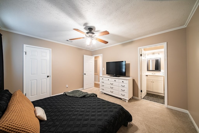 6801 Buckeye Way, Columbus, GA 31904 - bedroom featuring light carpet, a textured ceiling, ornamental molding, ensuite bath, and ceiling fan