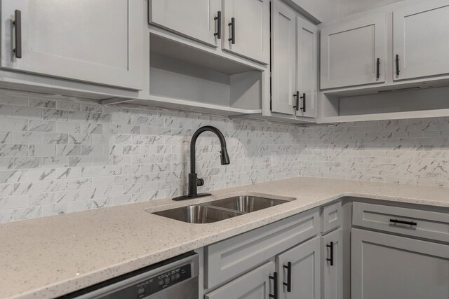 2906 Kent Dr, Phenix City, AL 36870 - kitchen featuring open shelves, gray cabinetry, stainless steel dishwasher, backsplash, and light stone counters