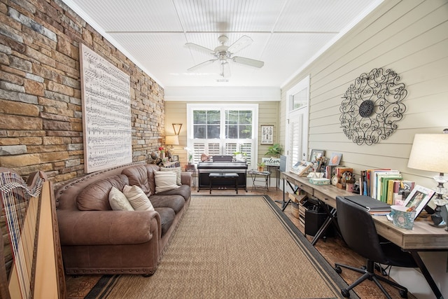 1438 Grove Park Dr Unit 8B, Columbus, GA 31904 - living area featuring a ceiling fan, wood walls, and ornamental molding