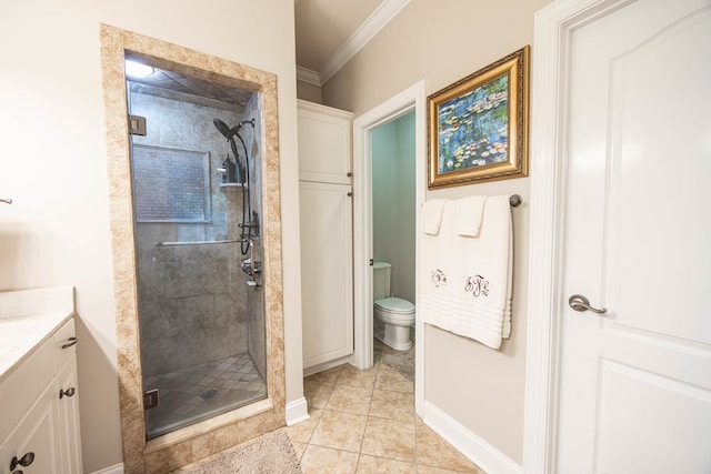 1438 Grove Park Dr Unit 8B, Columbus, GA 31904 - bathroom with a stall shower, crown molding, toilet, vanity, and tile patterned floors