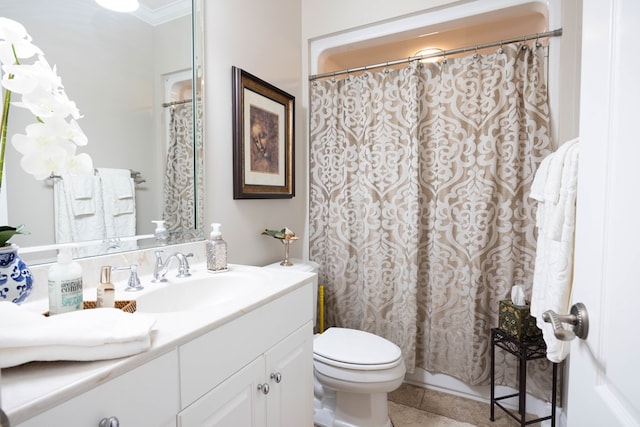 1438 Grove Park Dr Unit 8B, Columbus, GA 31904 - bathroom with vanity, toilet, ornamental molding, tile patterned floors, and curtained shower