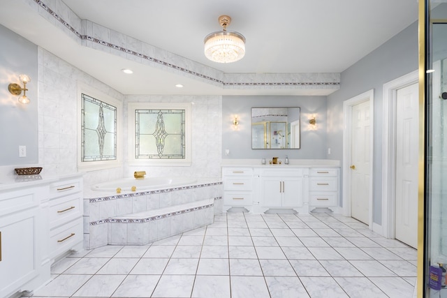 5410 River Oak Way, Phenix City, AL 36867 - full bath with vanity, a garden tub, a chandelier, tile patterned flooring, and recessed lighting