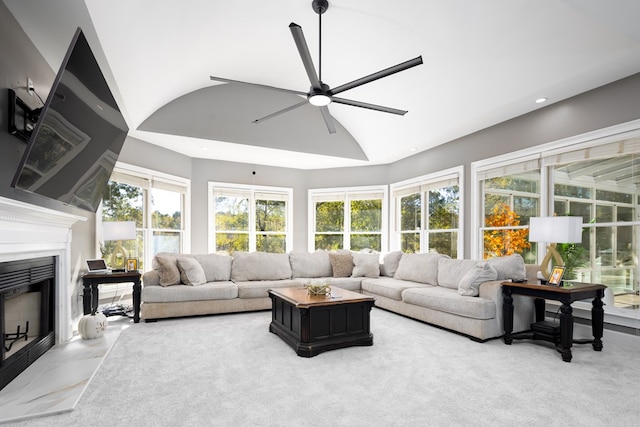 5410 River Oak Way, Phenix City, AL 36867 - living room with ceiling fan, a fireplace with flush hearth, recessed lighting, lofted ceiling, and light carpet