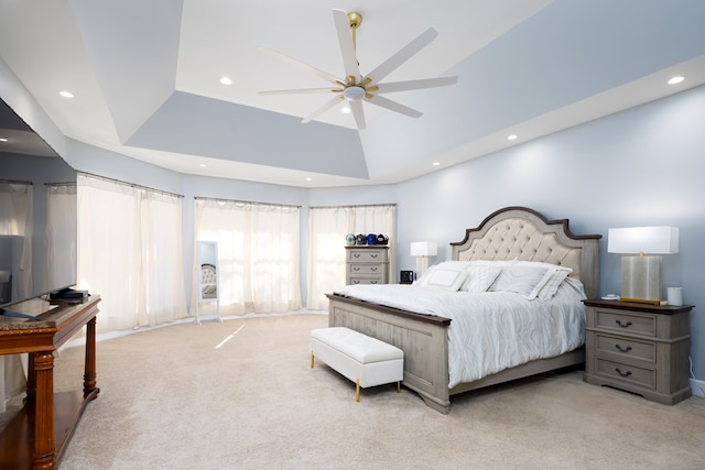5410 River Oak Way, Phenix City, AL 36867 - bedroom with light colored carpet, recessed lighting, a tray ceiling, and ceiling fan