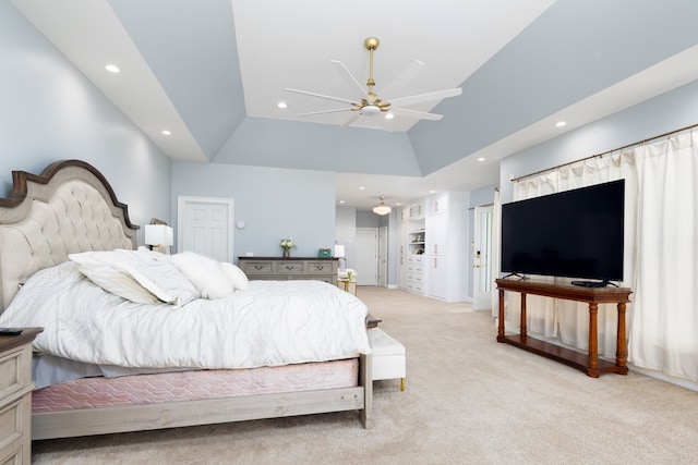 5410 River Oak Way, Phenix City, AL 36867 - bedroom with light colored carpet, recessed lighting, vaulted ceiling, and ceiling fan