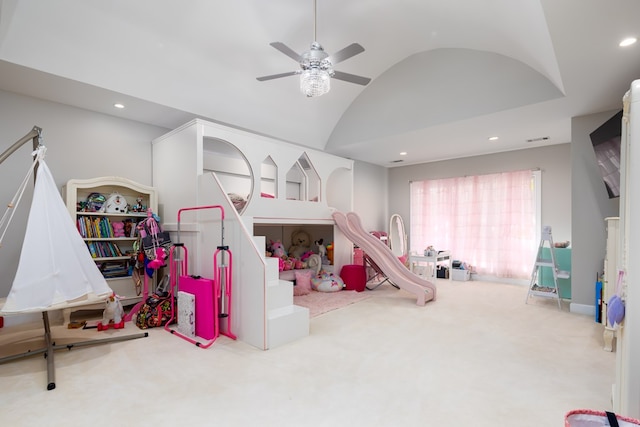 rec room with light carpet, ceiling fan, and lofted ceiling