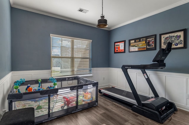 28 Red Maple Dr, Phenix City, AL 36869 - workout area featuring visible vents, wainscoting, crown molding, and wood finished floors