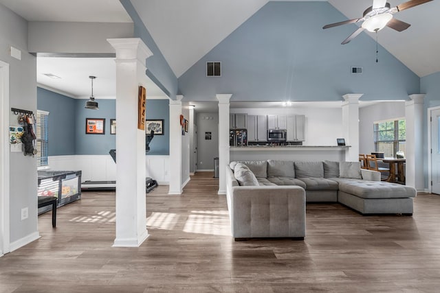 28 Red Maple Dr, Phenix City, AL 36869 - living area featuring a ceiling fan, decorative columns, visible vents, wood finished floors, and high vaulted ceiling