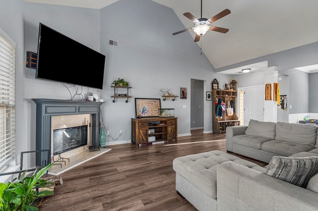 28 Red Maple Dr, Phenix City, AL 36869 - living room featuring visible vents, wood finished floors, a fireplace, high vaulted ceiling, and a ceiling fan