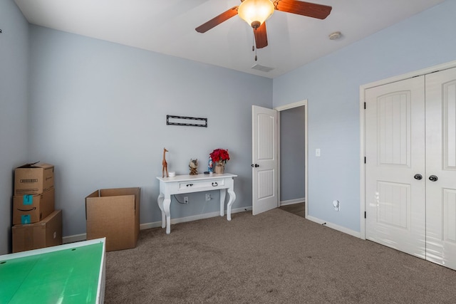 28 Red Maple Dr, Phenix City, AL 36869 - carpeted bedroom with a closet, a ceiling fan, baseboards, and visible vents