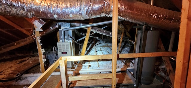 unfinished attic featuring water heater