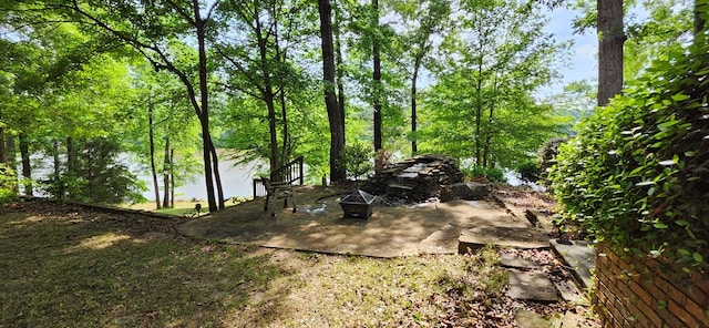 view of yard featuring a patio and a fire pit