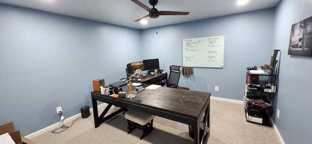 office space with baseboards, a ceiling fan, carpet, and recessed lighting
