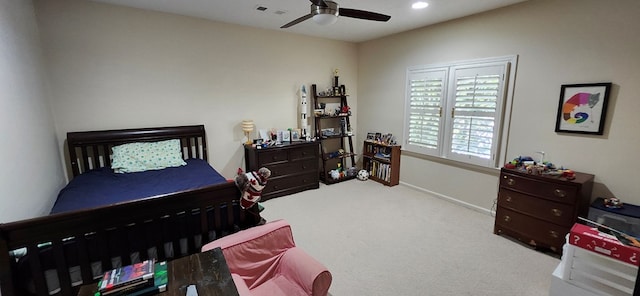 carpeted bedroom featuring recessed lighting, a ceiling fan, visible vents, and baseboards