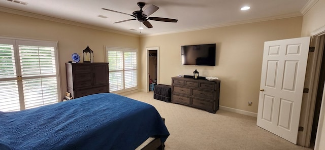 bedroom with ceiling fan, light colored carpet, baseboards, ornamental molding, and recessed lighting