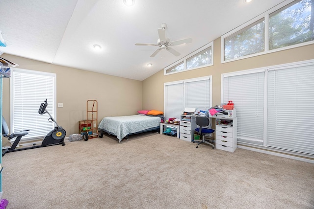 bedroom featuring carpet floors, recessed lighting, ceiling fan, and high vaulted ceiling
