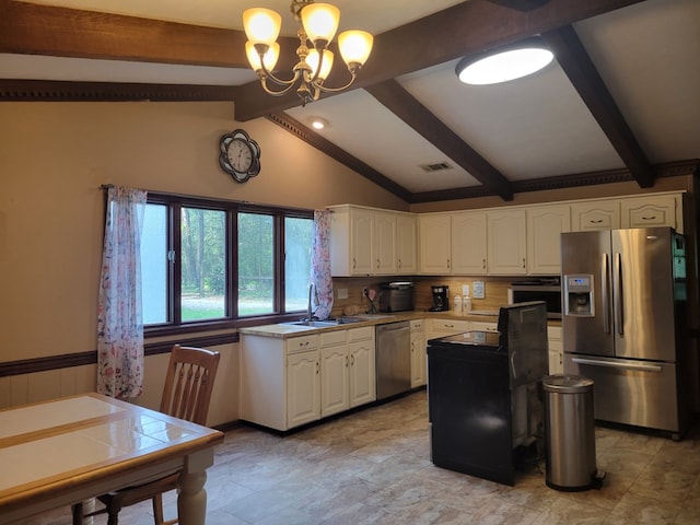 7505 Beaver Run Rd, Midland, GA 31820 - kitchen with stainless steel appliances, white cabinetry, a chandelier, light countertops, and tasteful backsplash