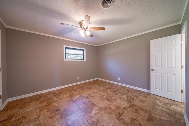 empty room with visible vents, ornamental molding, a ceiling fan, a textured ceiling, and baseboards