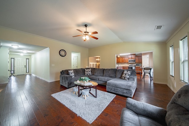 9742 Wooldridge Heights Dr, Fortson, GA 31808 - living area featuring dark wood-style flooring, ceiling fan, visible vents, and baseboards
