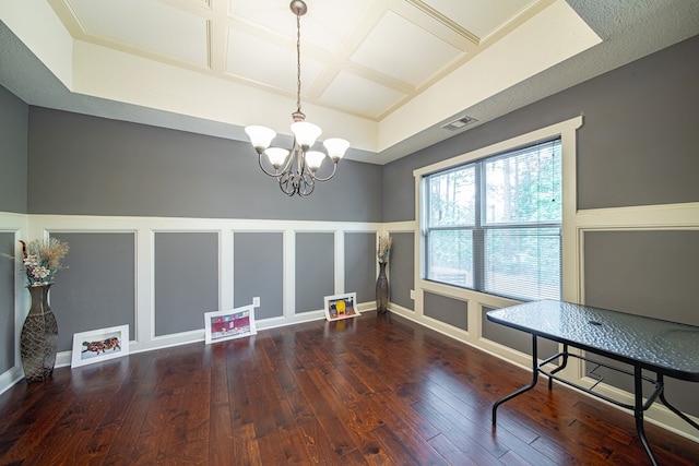 9742 Wooldridge Heights Dr, Fortson, GA 31808 - unfurnished dining area featuring an inviting chandelier, visible vents, a decorative wall, hardwood / wood-style flooring, and coffered ceiling